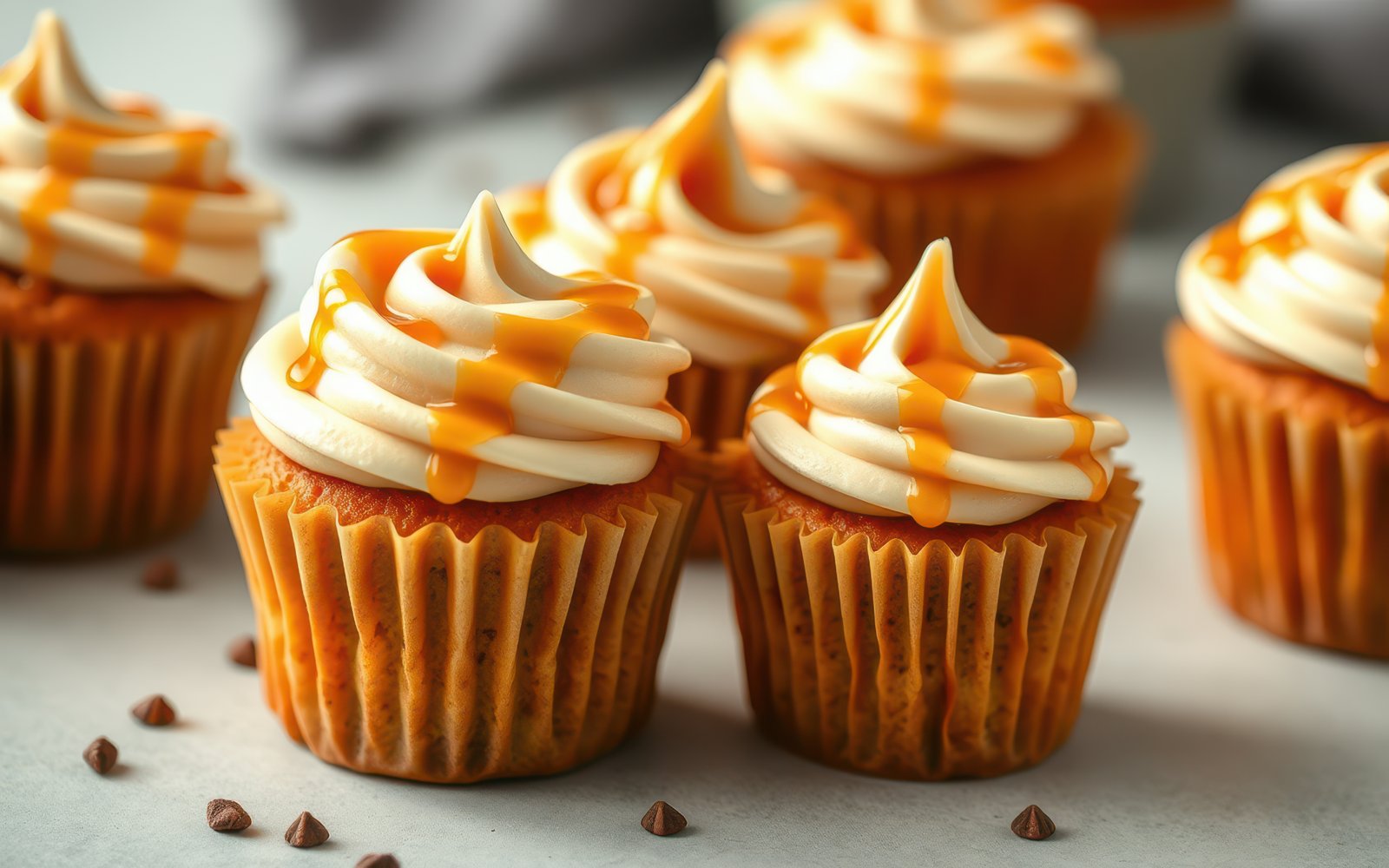 Close-up of pumpkin cupcakes with vanilla frosting and caramel drizzle, arranged on a white countertop